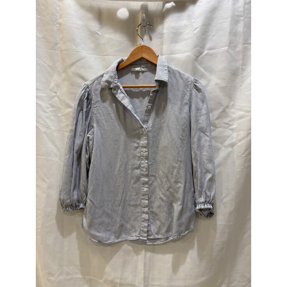 Beachlunchlounge Blue White‎ Striped Puff Sleeve Button Down Shirt Medium